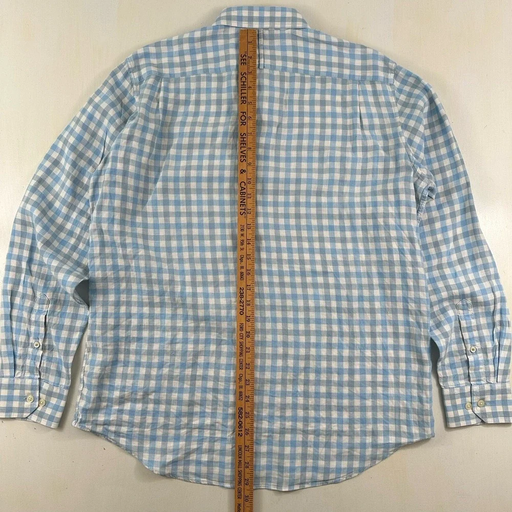 Banana Republic 100% Linen Shirt Men Medium White Blue Gingham Plaid Long Sleeve